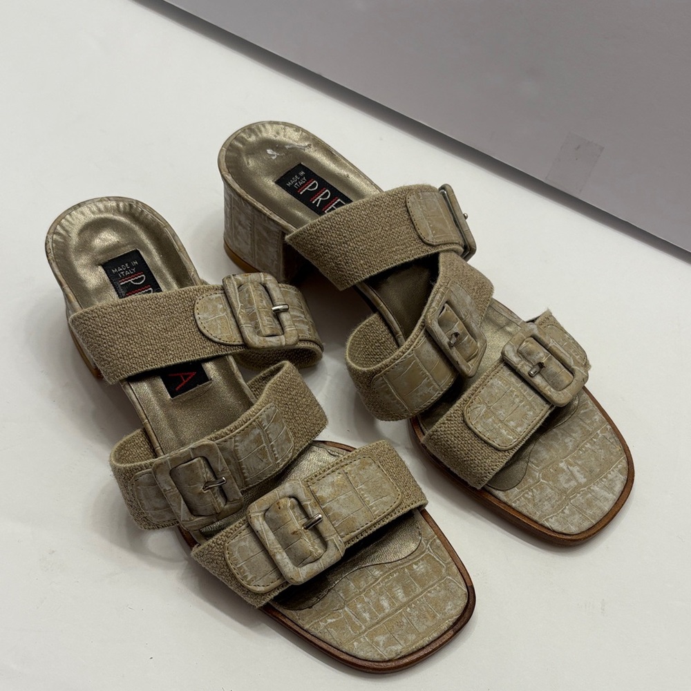 Prevata Taupe Croc-Embossed Buckle Slide Mules